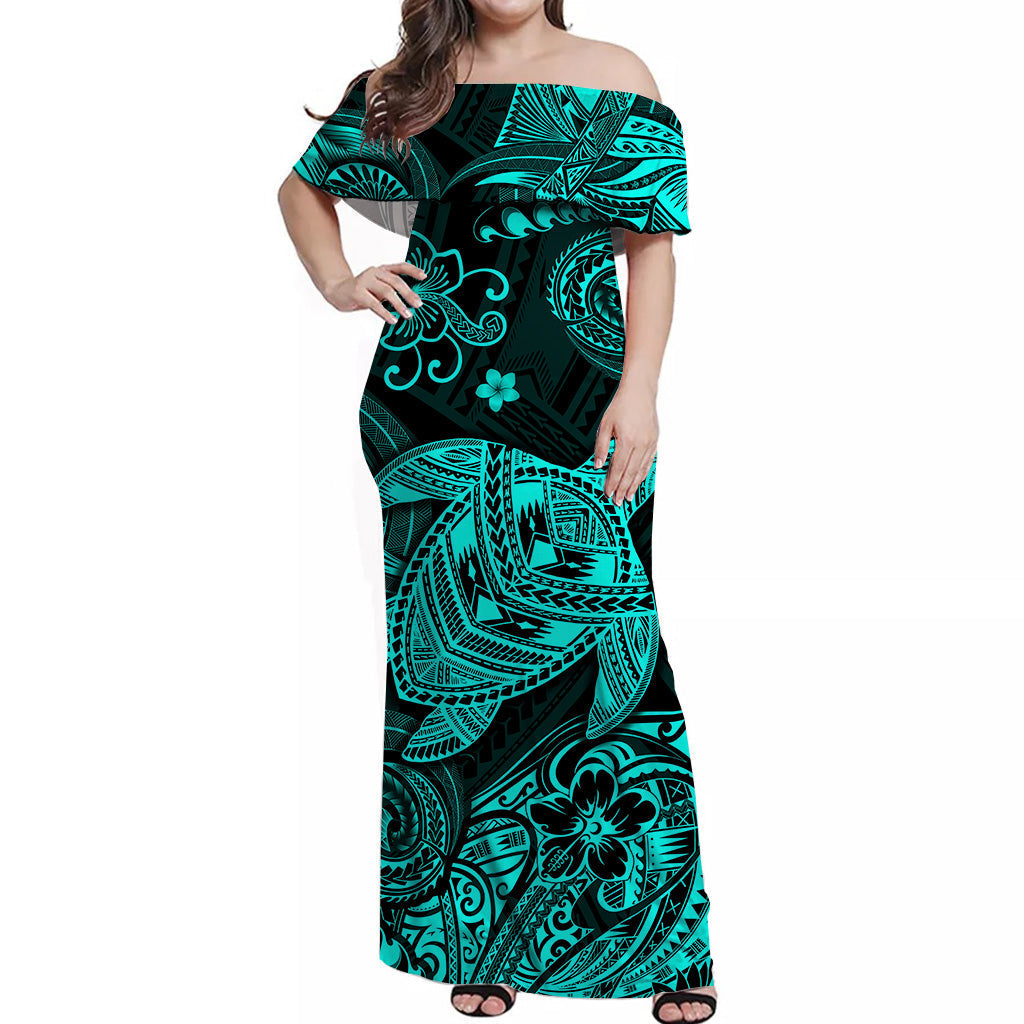 Hawaii Turtle Polynesian Matching Dress and Hawaiian Shirt Matching Couples Outfit Plumeria Flower Unique Style Turquoise LT8 No Shirt Turquoise - Polynesian Pride