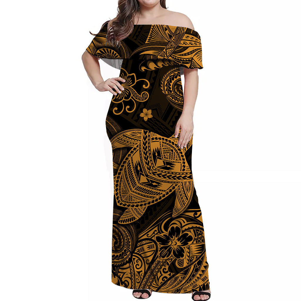Hawaii Turtle Polynesian Matching Dress and Hawaiian Shirt Matching Couples Outfit Plumeria Flower Unique Style Gold LT8 - Polynesian Pride