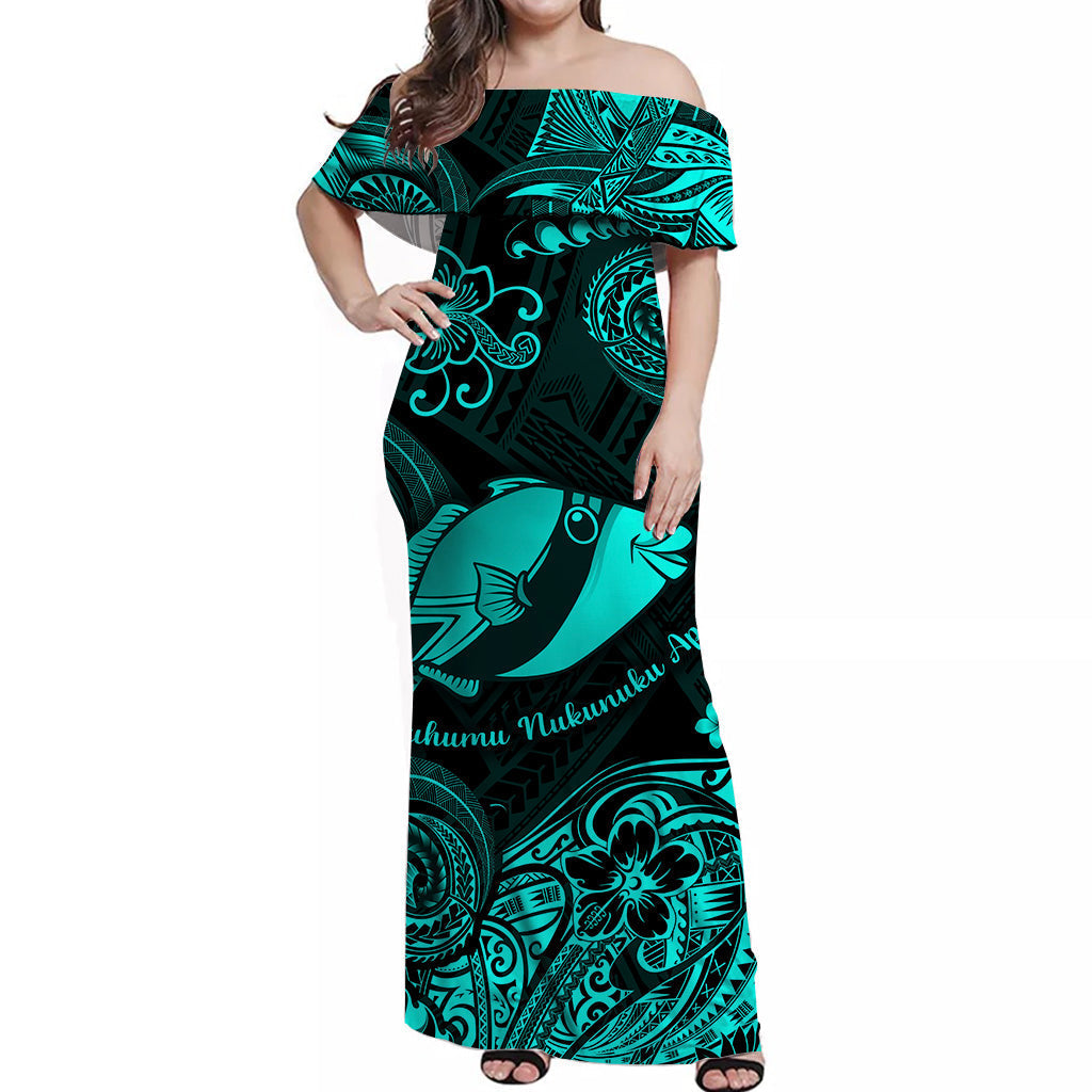 Hawaii State Fish: Humuhumu Nukunuku Apuaa Polynesian Matching Dress and Hawaiian Shirt Matching Couples Outfit Unique Style Turquoise LT8 - Polynesian Pride