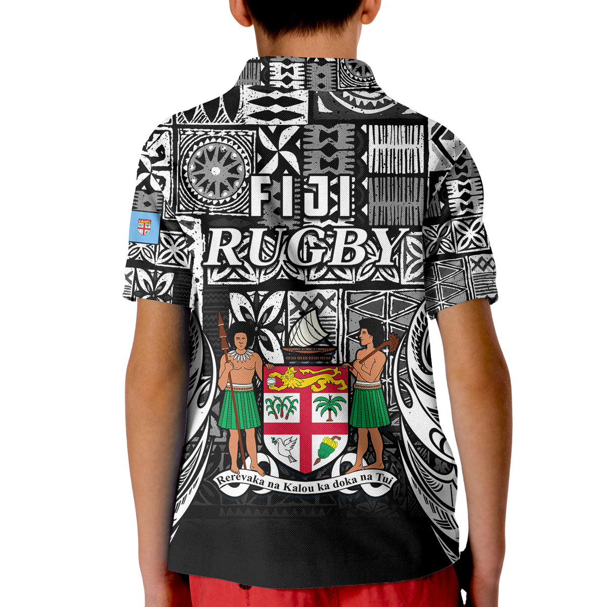 Fiji Rugby Polo Shirt KID Flying Fijians Black Tapa Pattern LT13 - Polynesian Pride