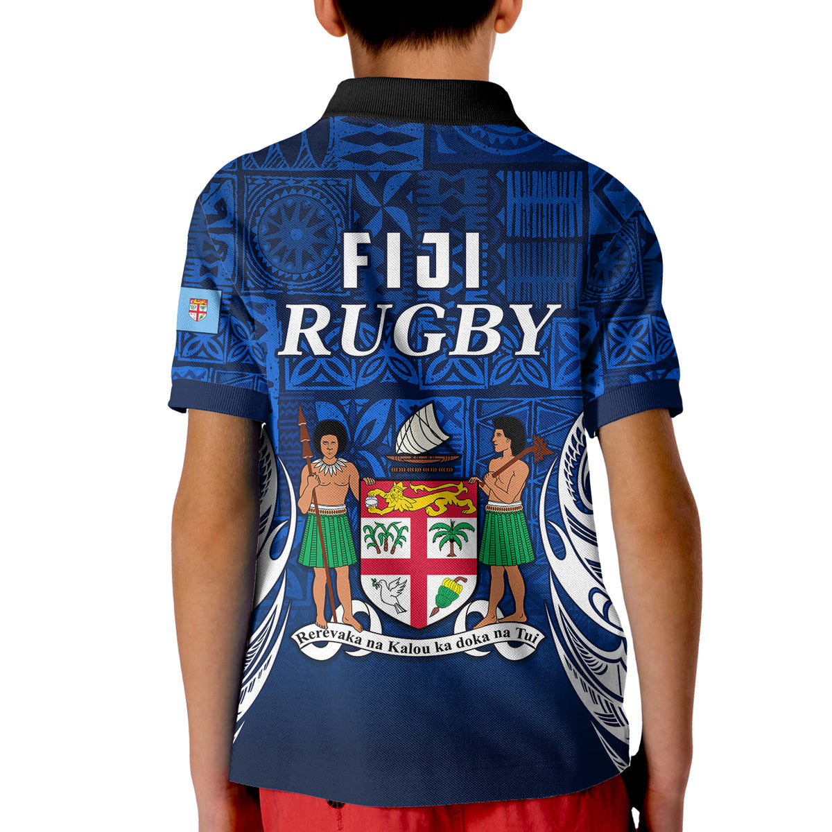 Fiji Rugby Polo Shirt KID Flying Fijians Blue Tapa Pattern LT13 - Polynesian Pride