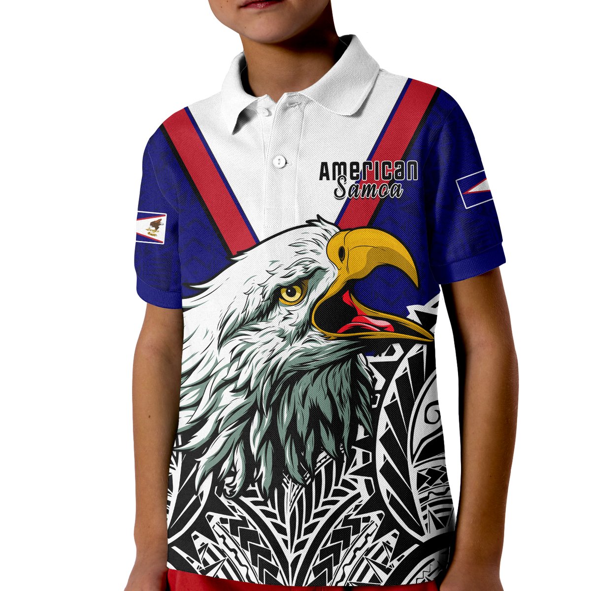 American Samoa Polo Shirt Bald Eagle Mix Polynesian LT13 Kid Blue - Polynesian Pride