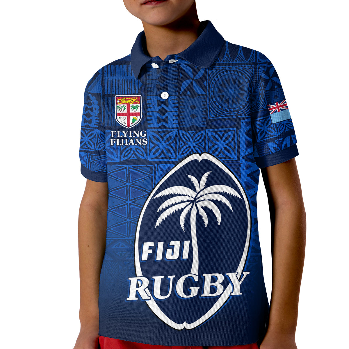 Fiji Rugby Polo Shirt KID Flying Fijians Blue Tapa Pattern LT13 Unisex Blue - Polynesian Pride