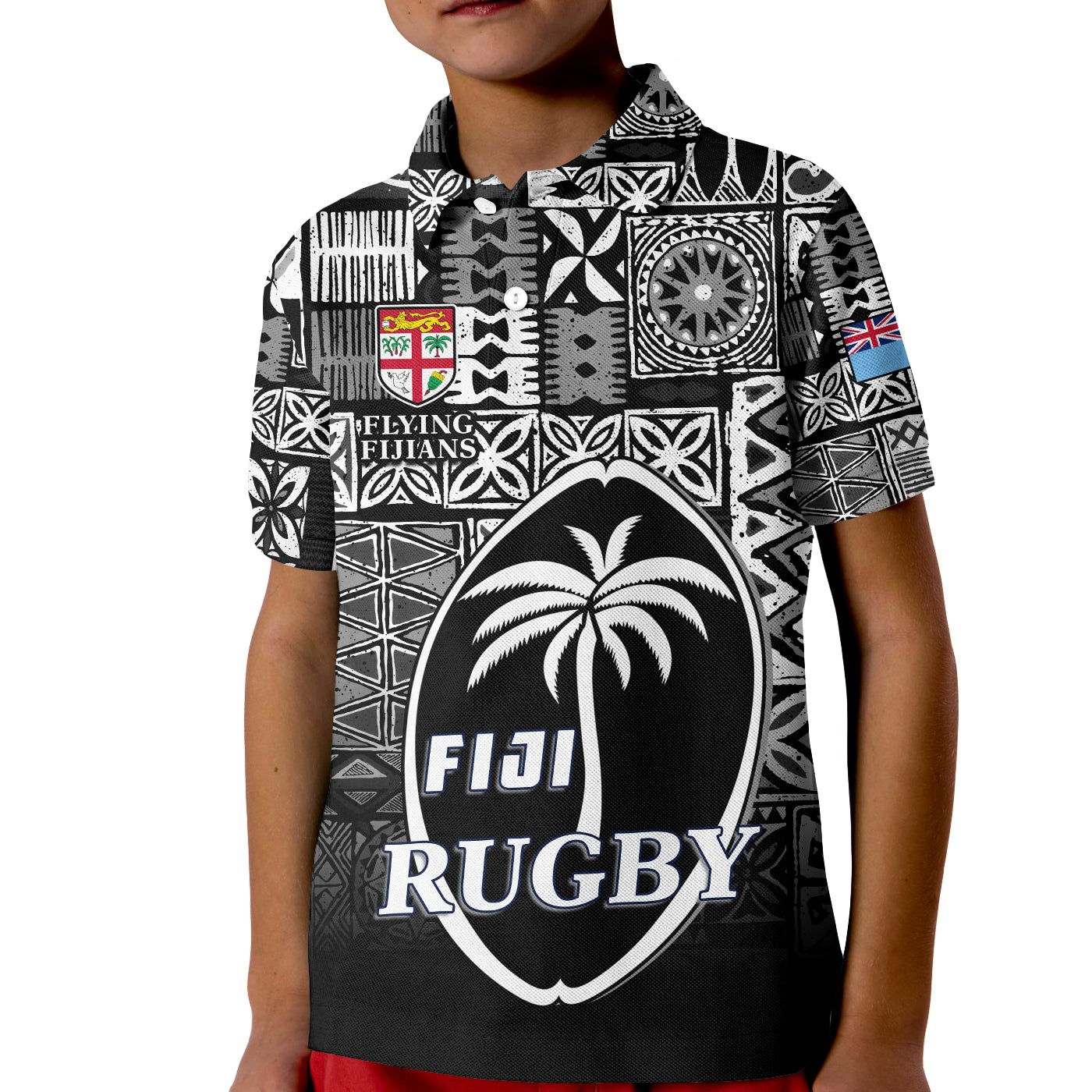 Fiji Rugby Polo Shirt KID Flying Fijians Black Tapa Pattern LT13 Unisex Black - Polynesian Pride