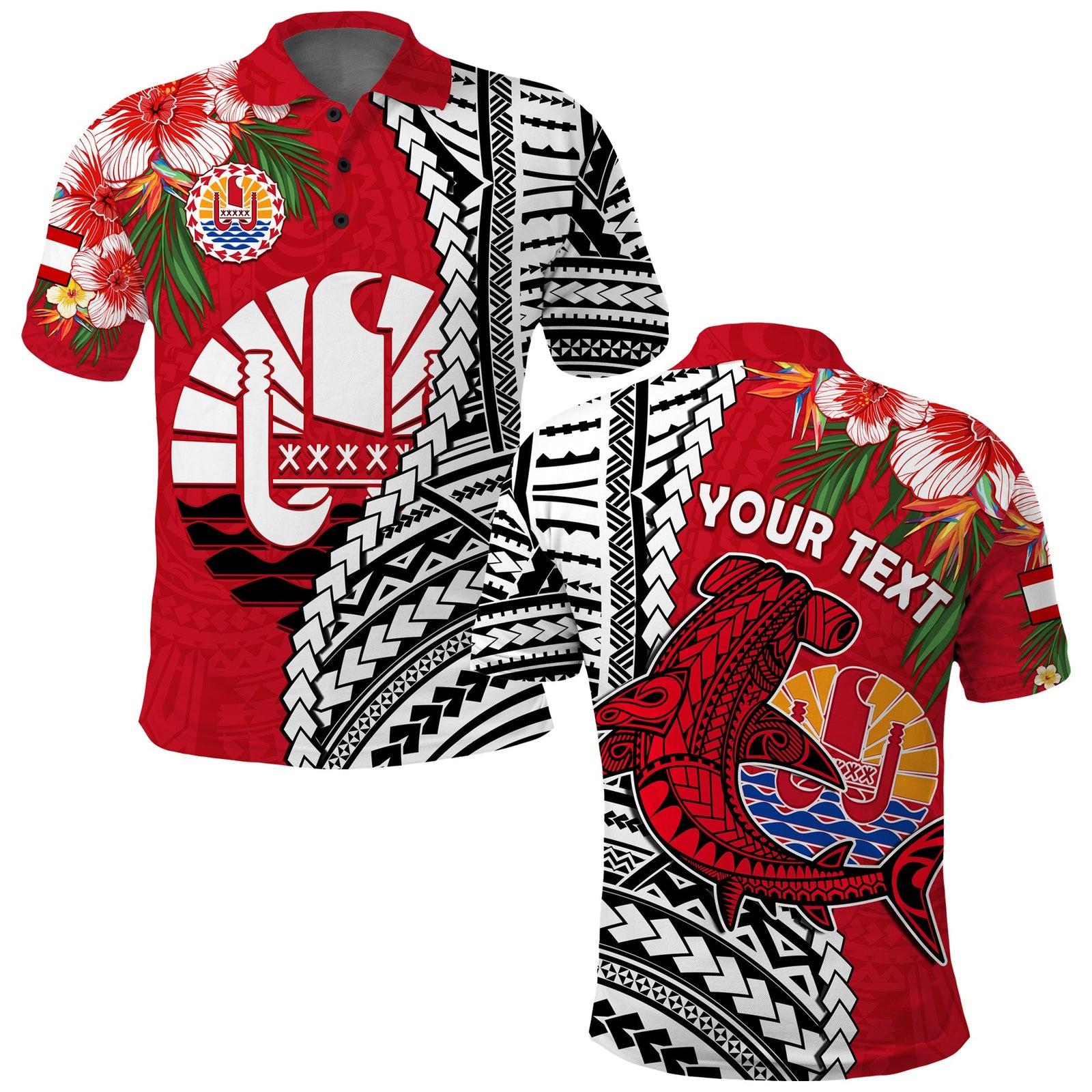 Custom Tahiti Islands Polo Shirt Polynesian Shark Mix Tropical Flowers LT14 Adult Red - Polynesian Pride