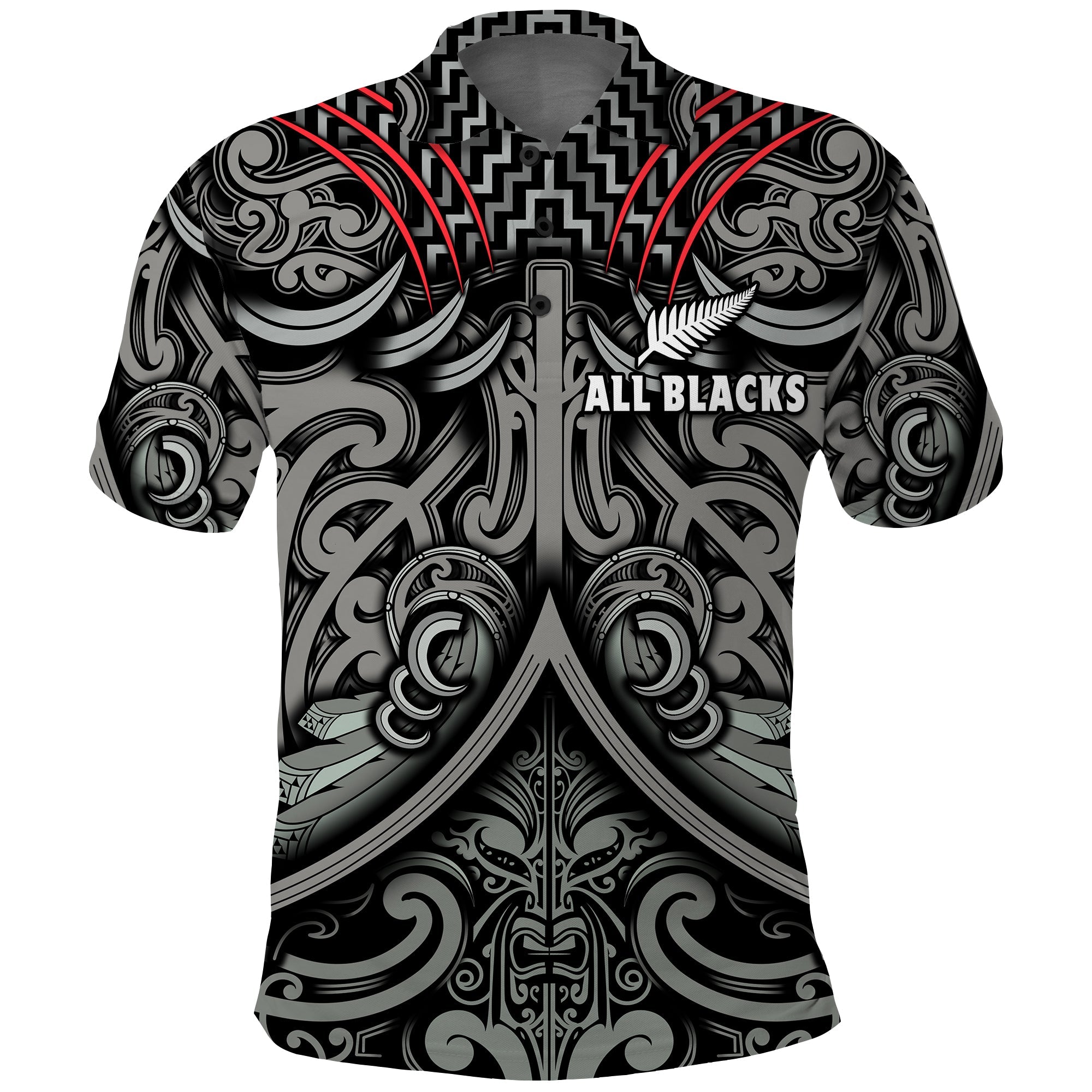 New Zealand Silver Fern Rugby Polo Shirt All Black NZ Maori Pattern LT13 Black - Polynesian Pride