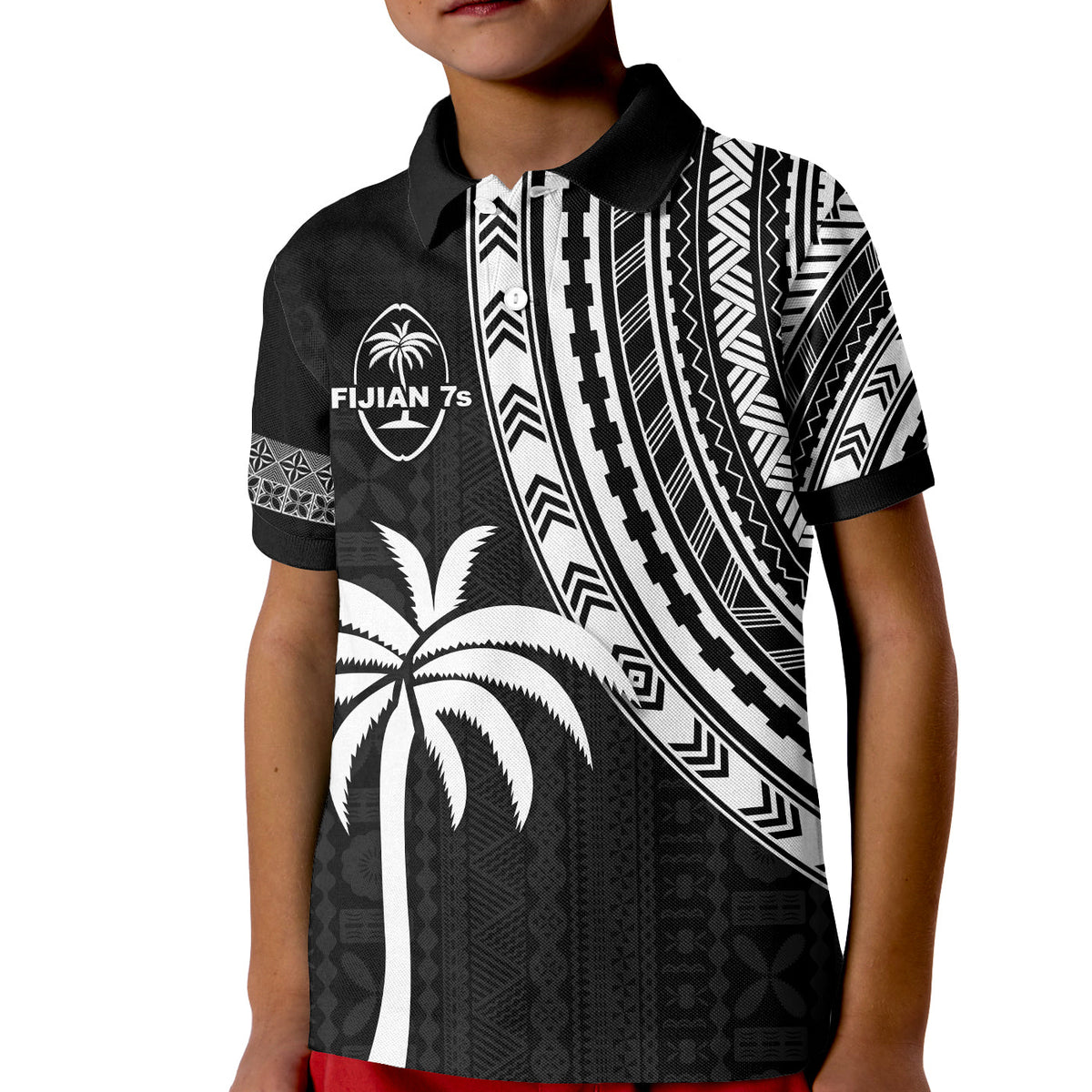 Fiji Rugby Sevens Polo Shirt KID Fijian 7s Tapa Polynesian LT13 Kid Black - Polynesian Pride