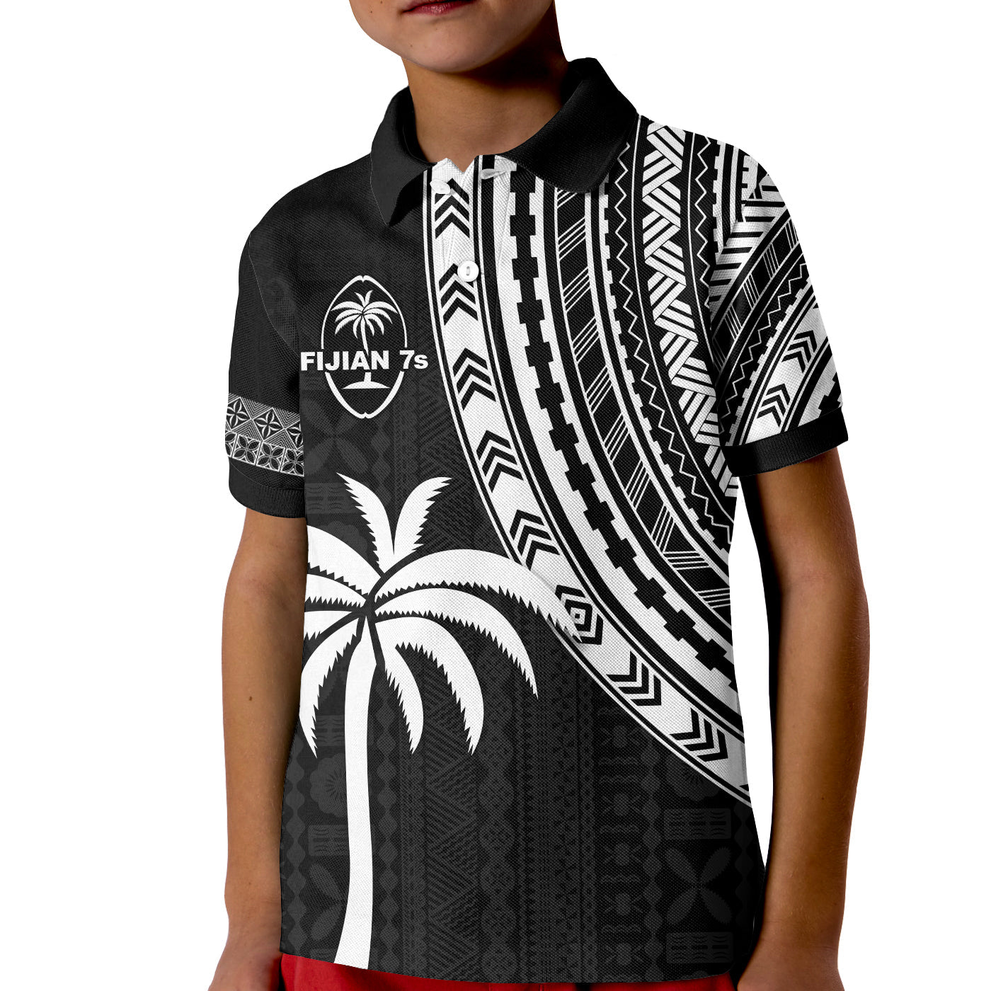 Fiji Rugby Sevens Polo Shirt KID Fijian 7s Tapa Polynesian LT13 Kid Black - Polynesian Pride