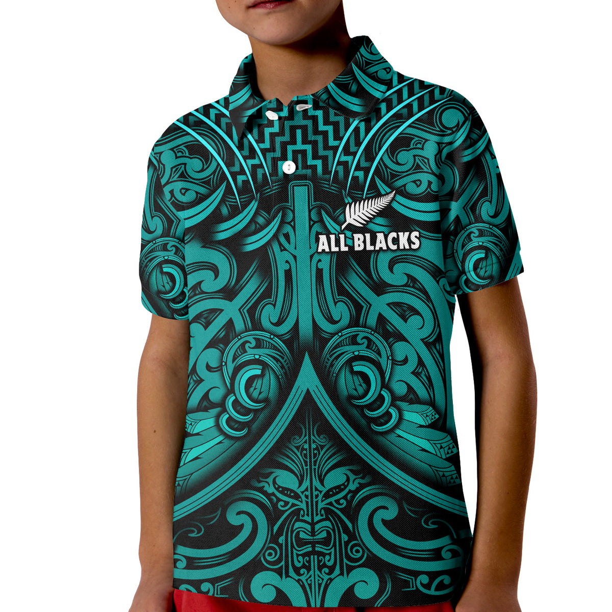 New Zealand Silver Fern Rugby Polo Shirt All Black Turquoise NZ Maori Pattern LT13 - Polynesian Pride