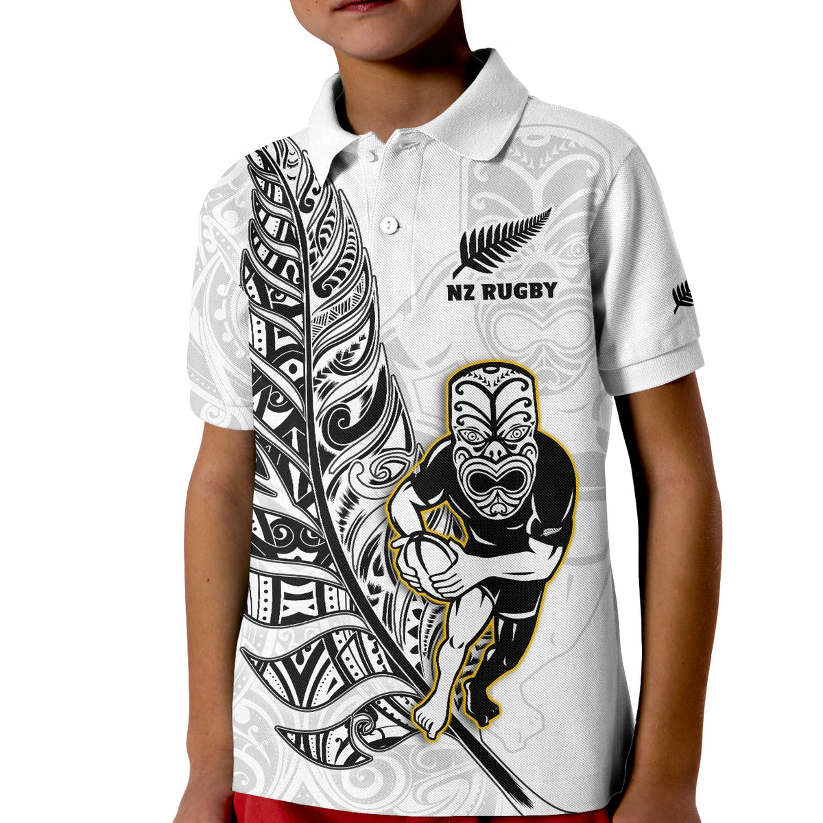 New Zealand Silver Fern Rugby Polo Shirt All Black Maori Version White LT14 - Polynesian Pride