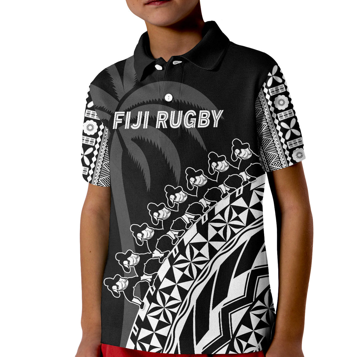 Fiji Rugby Polo Shirt KID Fijian Cibi Dance Tapa Pattern Black LT14 Kid Black - Polynesian Pride