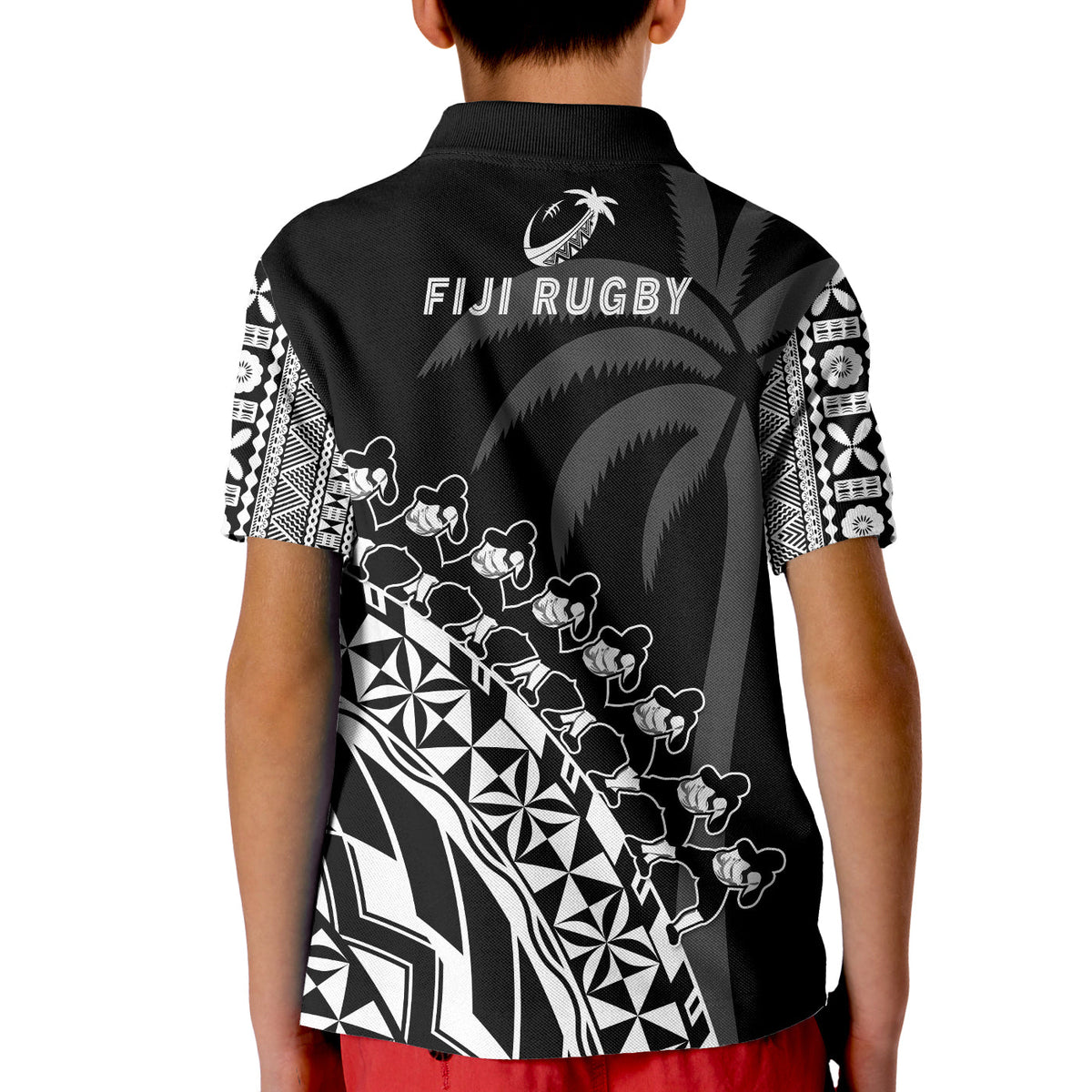 Fiji Rugby Polo Shirt KID Fijian Cibi Dance Tapa Pattern Black LT14 - Polynesian Pride