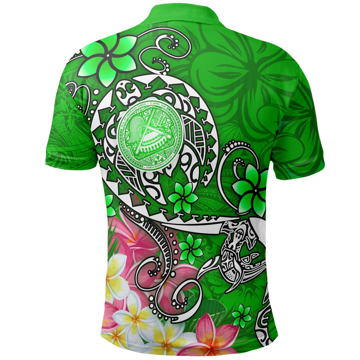 American Samoa Polynesian Polo Shirt Turtle Plumeria (Green) - Polynesian Pride