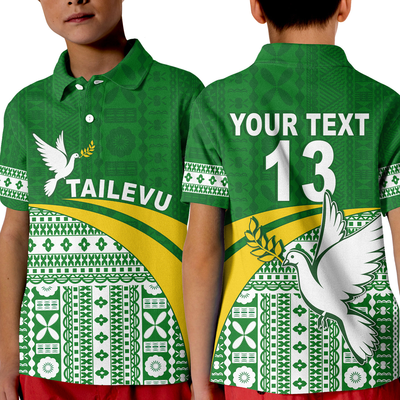 (Custom Text and Number) Tailevu Rugby Polo Shirt KID Fiji Rugby Tapa Pattern Green LT13 Unisex Green - Polynesian Pride