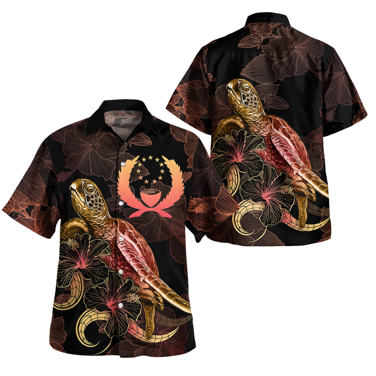 Pohnpei Short Sleeve Shirt - Custom Pohnpei Pride With Polynesian Turtle Blooming Hibiscus Gold Unisex Gold - Polynesian Pride