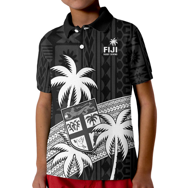 Fiji Rugby Sevens Kid Polo Shirt Tapa Palm Tree and Fijian Coat of Arms LT9 Kid Blue - Polynesian Pride