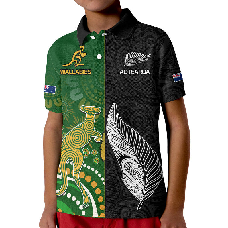 Aotearoa Rugby All Black Combine Australia Wallabies Polo Shirt Aboriginal Kangaroo and Maori Fern LT9 - Polynesian Pride