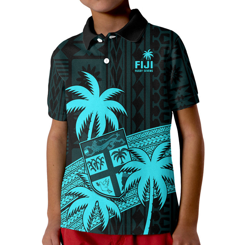 Fiji Rugby Sevens Kid Polo Shirt Tapa Palm Tree and Fijian Coat of Arms LT9 Kid Blue - Polynesian Pride