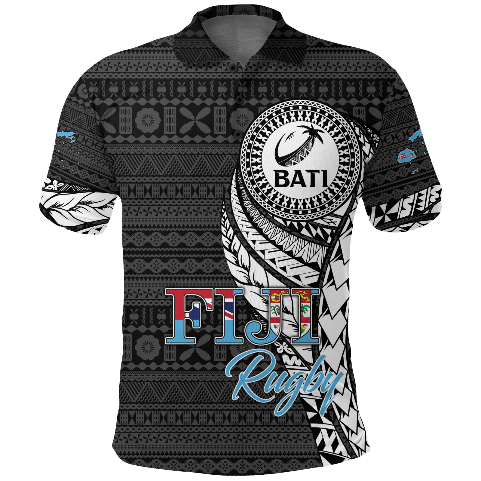 Fiji Rugby Bati Tapa Pattern Polo Shirt LT2 BLACK - Polynesian Pride