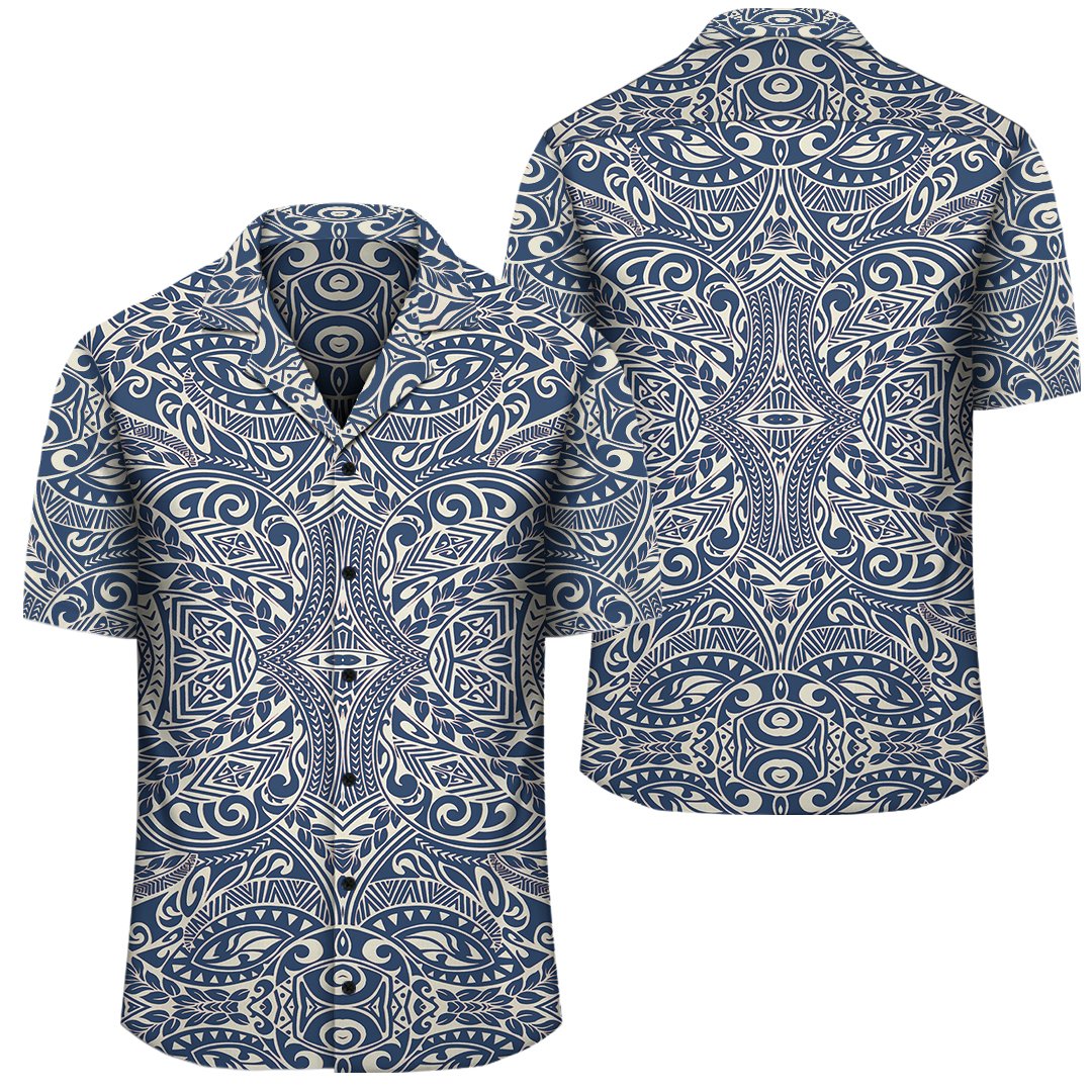 Polynesian Culture Blue White Hawaiian Shirt Unisex Black - Polynesian Pride