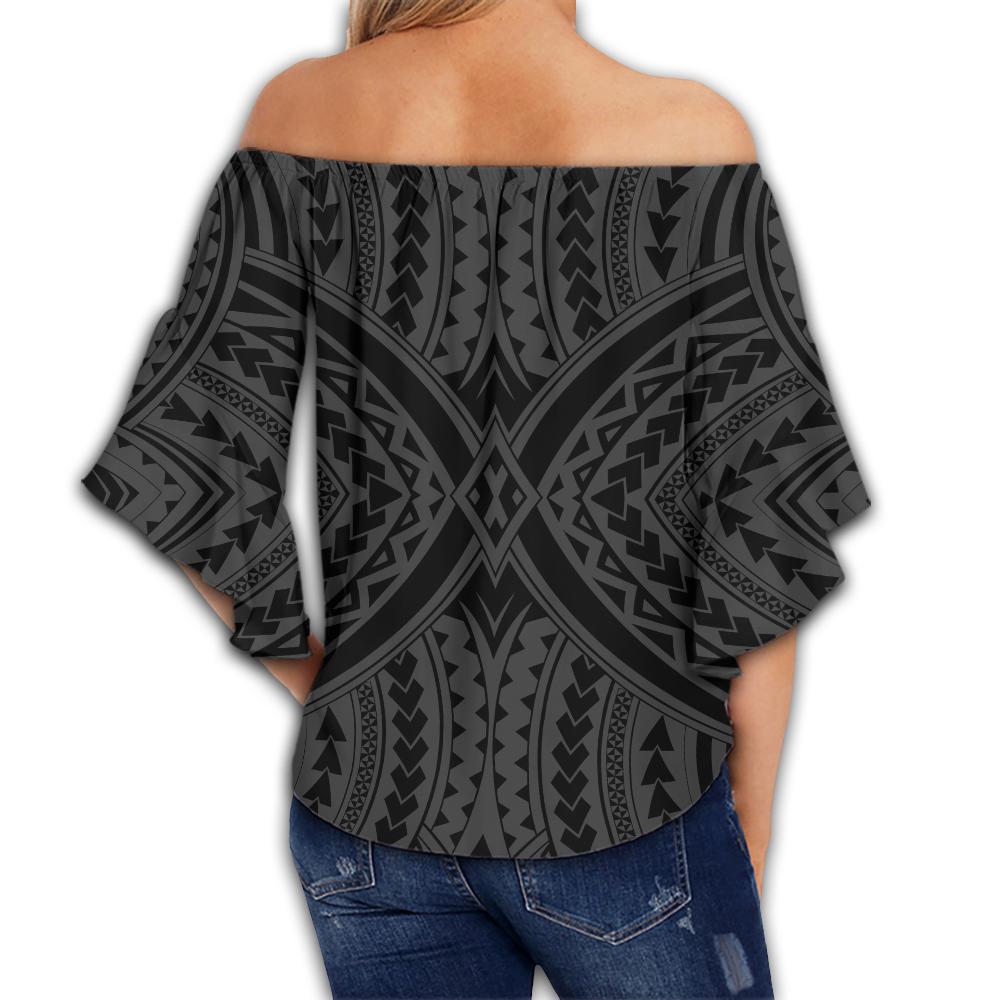 Polynesian Tradition Gray Hawaii Women's Off Shoulder Wrap Waist Top - Polynesian Pride