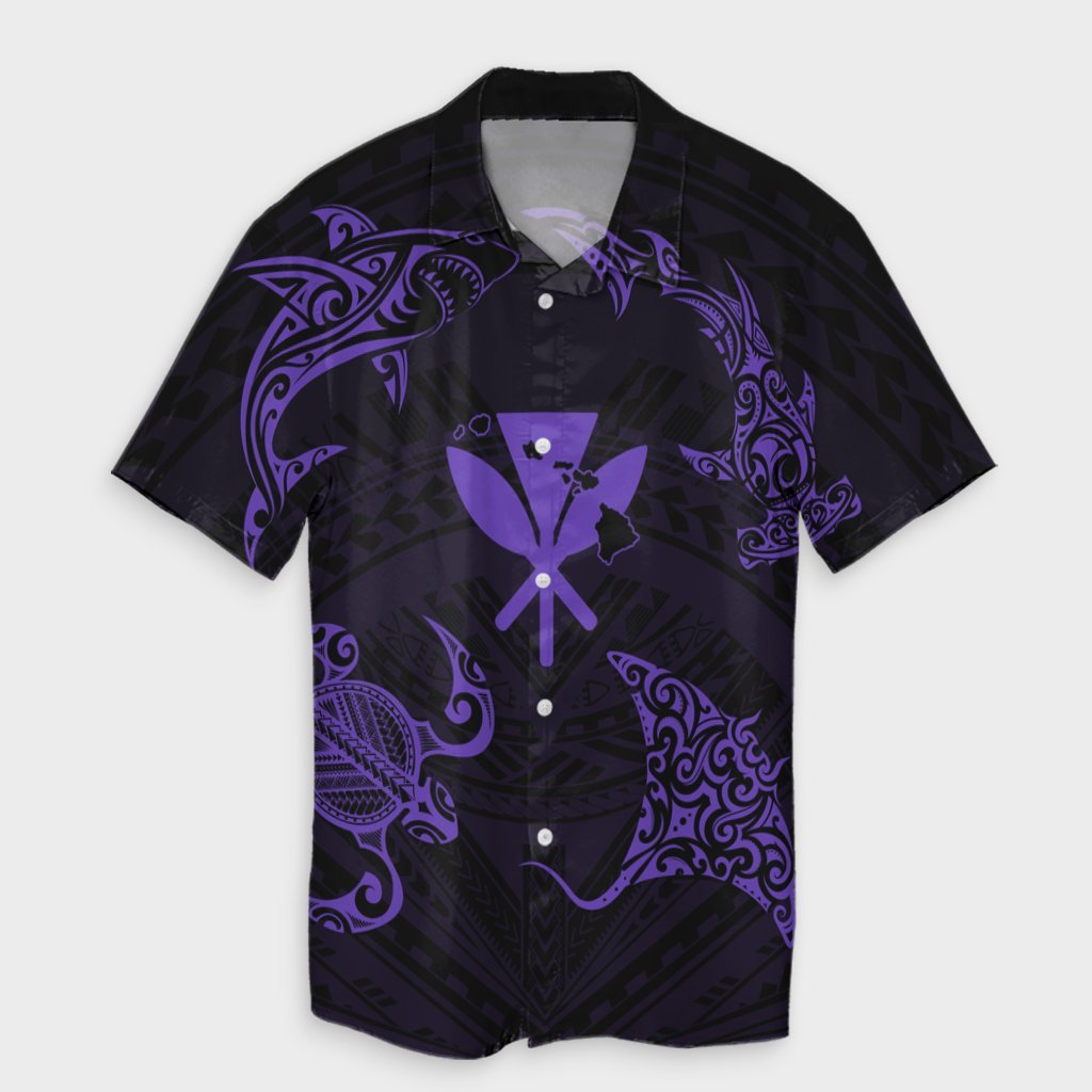 Hawaii Couple Outfits Matching Dress and Hawaiian Shirt Polynesian Turtle Hammerhead Shark Ray Kanaka Hawaii Circle Purple RLT14 - Polynesian Pride
