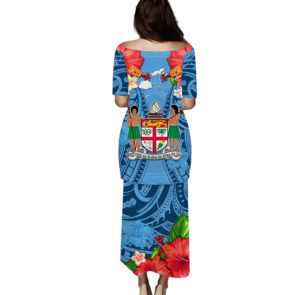 Fiji Puletasi Dress Hibiscus Flowers With Polynesian Pattern LT14 - Polynesian Pride