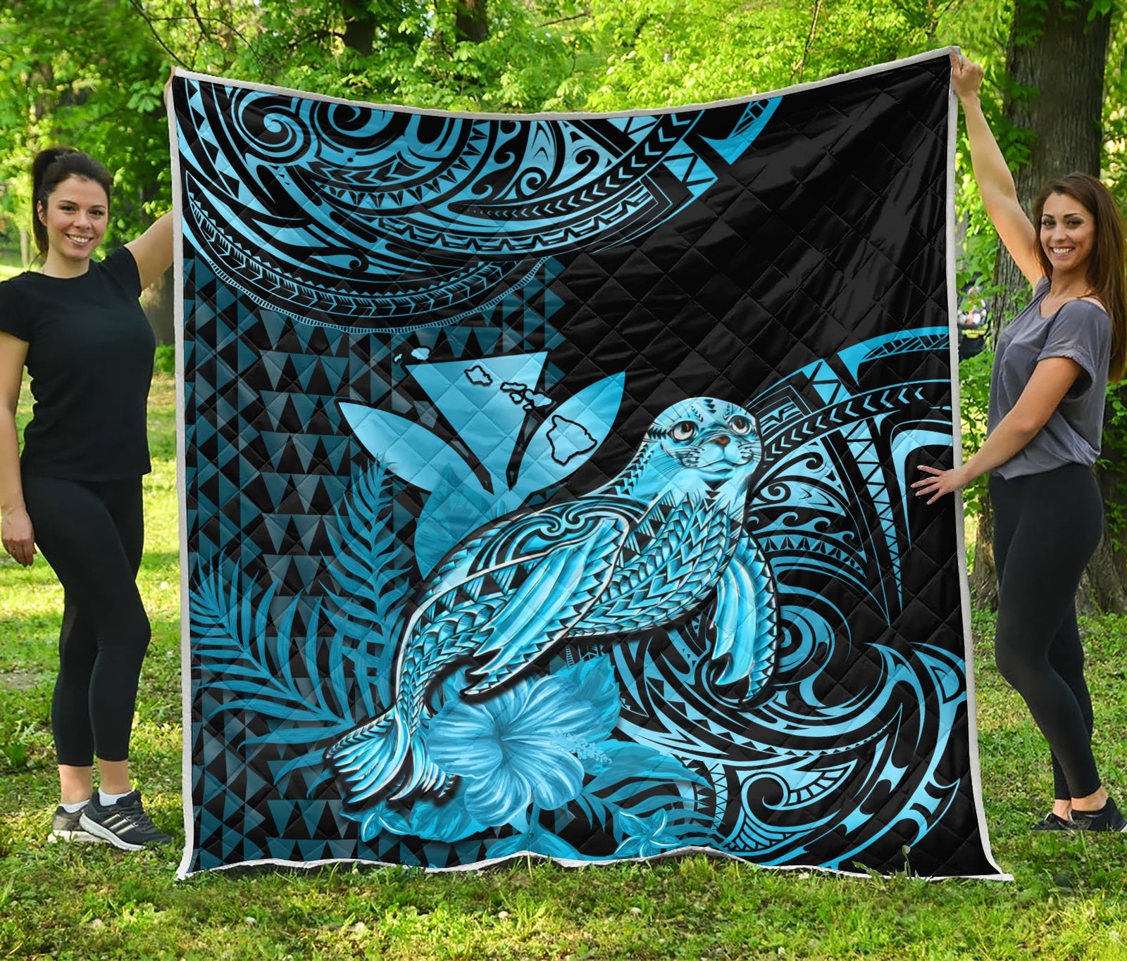 Hawaii Monk Seal Premium Quilt Kakau With Kanaka Turquoise LT14 Turquoise - Polynesian Pride