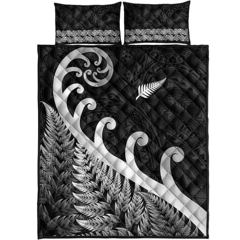 New Zealand Rugby Maori Quilt Bed Set Silver Fern Koru Vibes - Black LT8 - Polynesian Pride