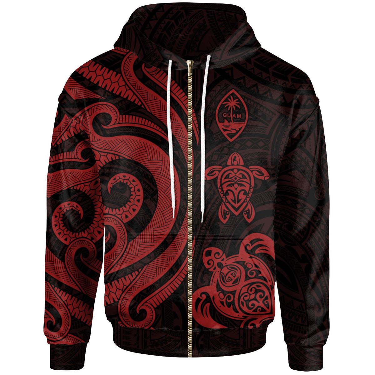 Guam Polynesian Zip up Hoodie Red Tentacle Turtle Unisex Red - Polynesian Pride