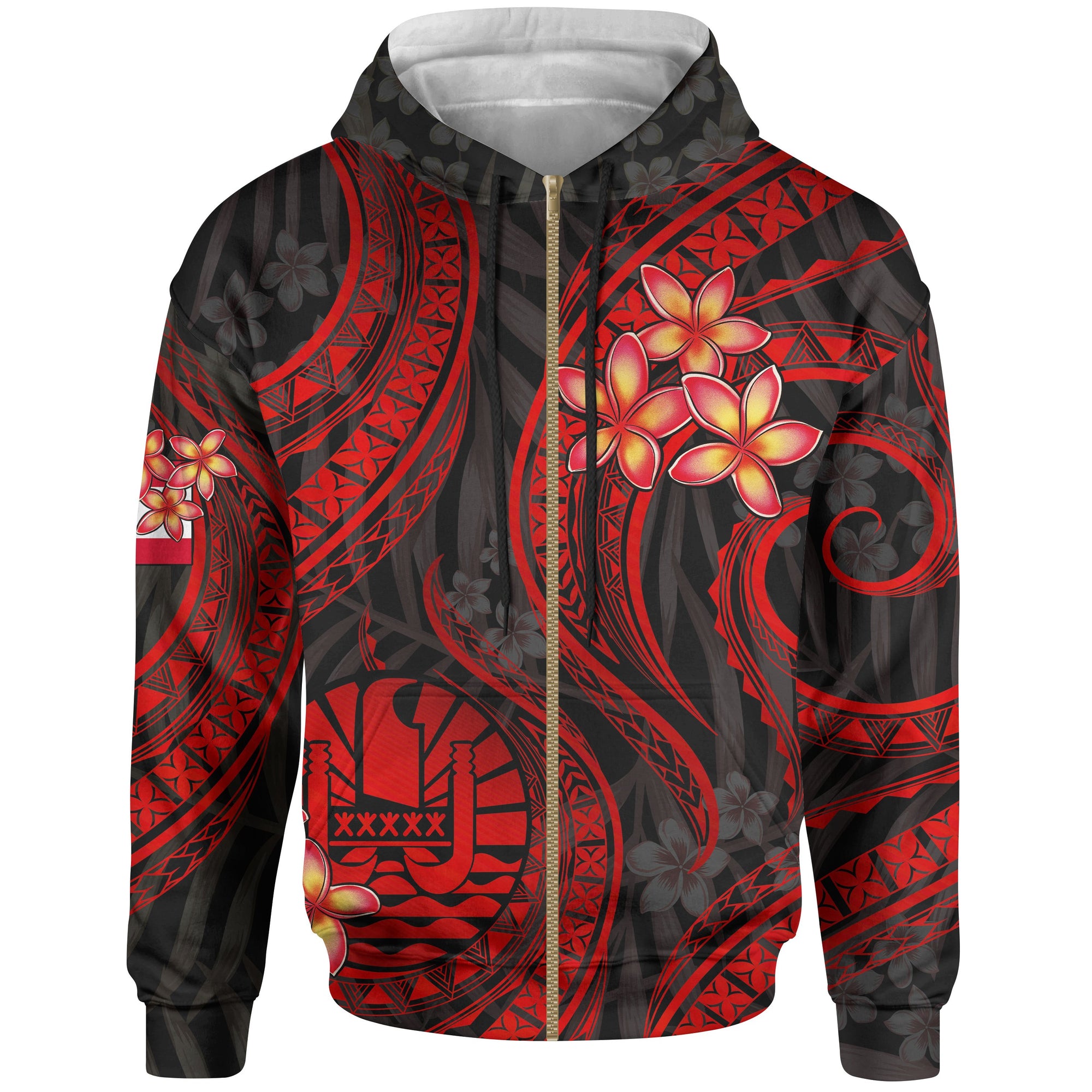 Tahiti Polynesian Zip up Hoodie Red Plumeria Unisex RED - Polynesian Pride