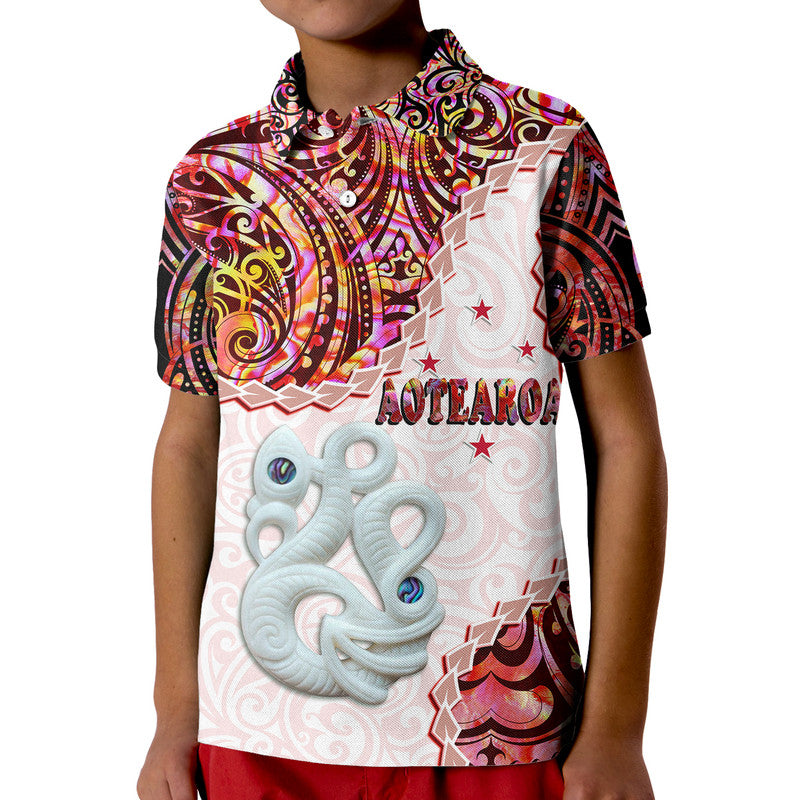 Custom New Zealand Maori Polo Shirt Aotearoa Manaia Red Paua Shell LT9 Kid Red - Polynesian Pride