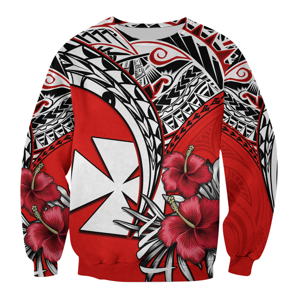 Wallis et Futuna Sweatshirt Polynesian Pattern and Hibiscus Flowers Version Red LT13 Unisex Red - Polynesian Pride