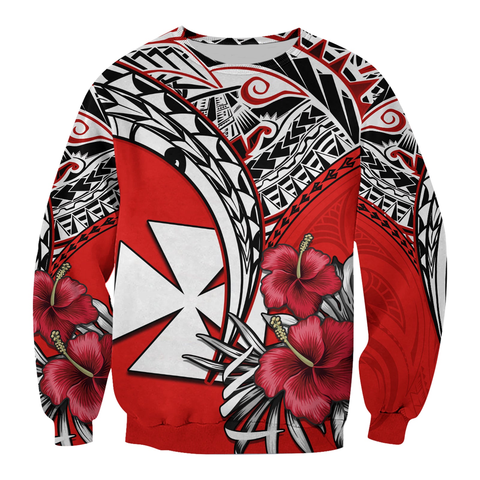 Wallis et Futuna Sweatshirt Polynesian Pattern and Hibiscus Flowers Version Red LT13 Unisex Red - Polynesian Pride