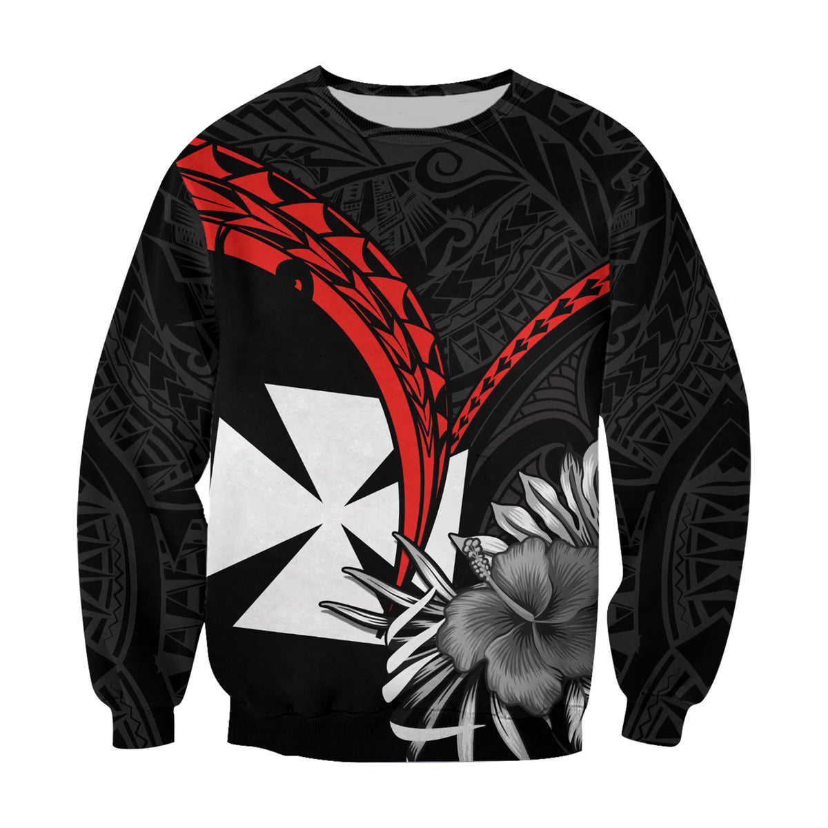 Wallis et Futuna Sweatshirt Polynesian Pattern and Hibiscus Flowers Version Black LT13 Unisex Black - Polynesian Pride