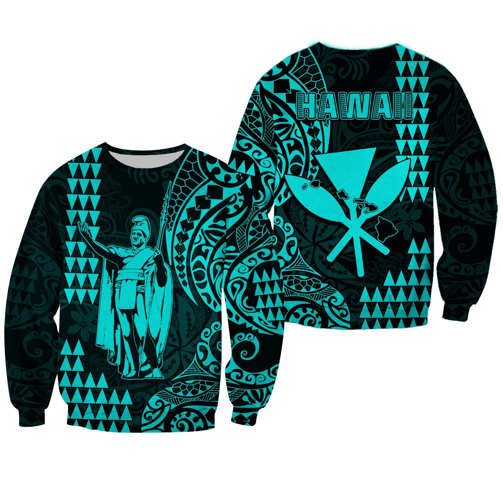 Hawaii Day Kakau Sweatshirt Proud To Be Hawaiian Turquoise King Kamehameha and Kanaka Maoli LT13 Unisex Turquoise - Polynesian Pride