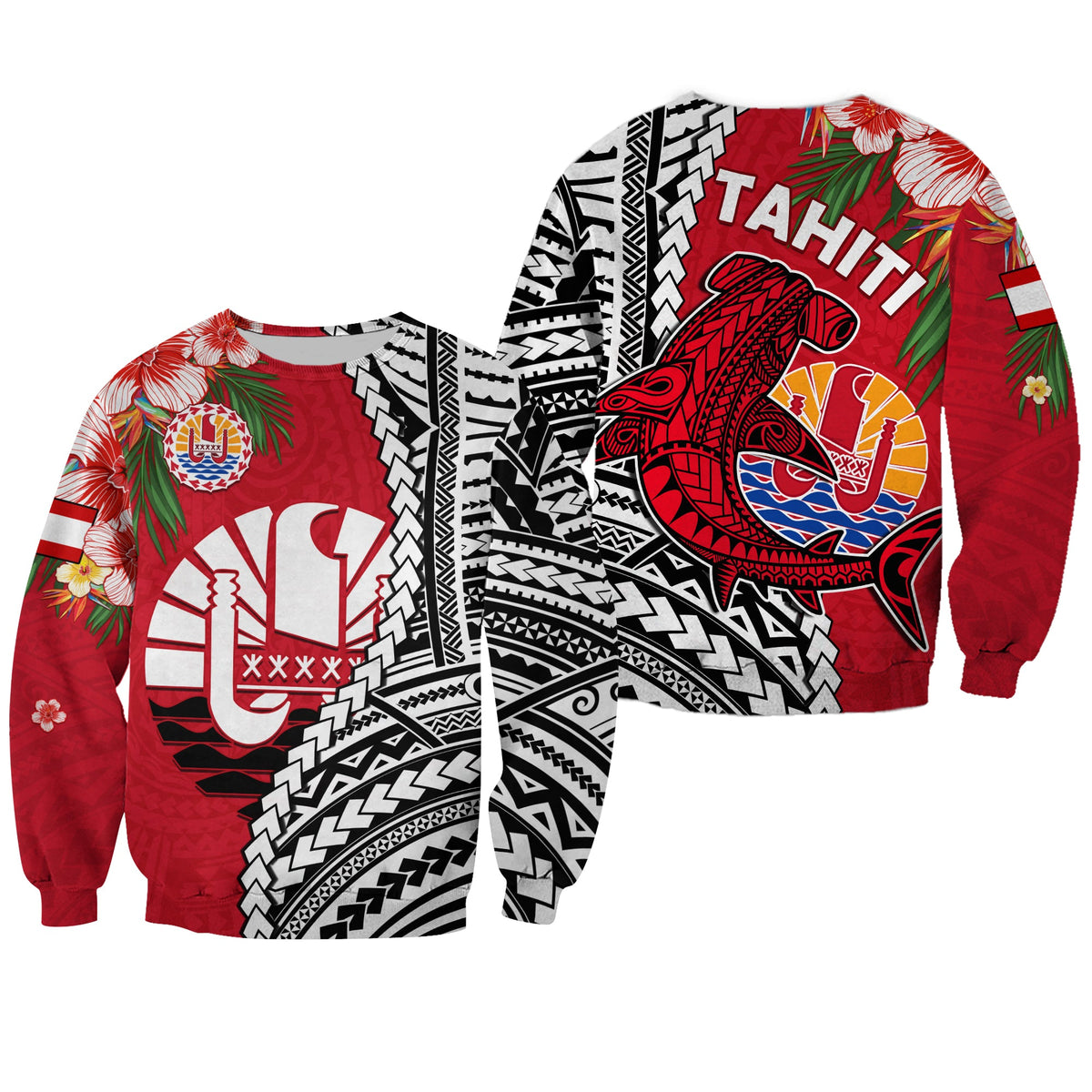 Tahiti Islands Sweatshirt Polynesian Shark Mix Tropical Flowers LT14 Unisex Red - Polynesian Pride