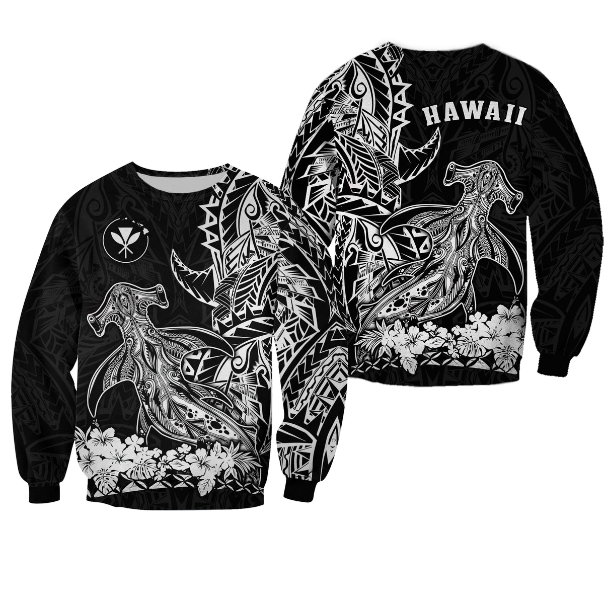 Hawaii Polynesian Sweatshirt Wild Hammerhead Sharks LT13 Unisex Black - Polynesian Pride