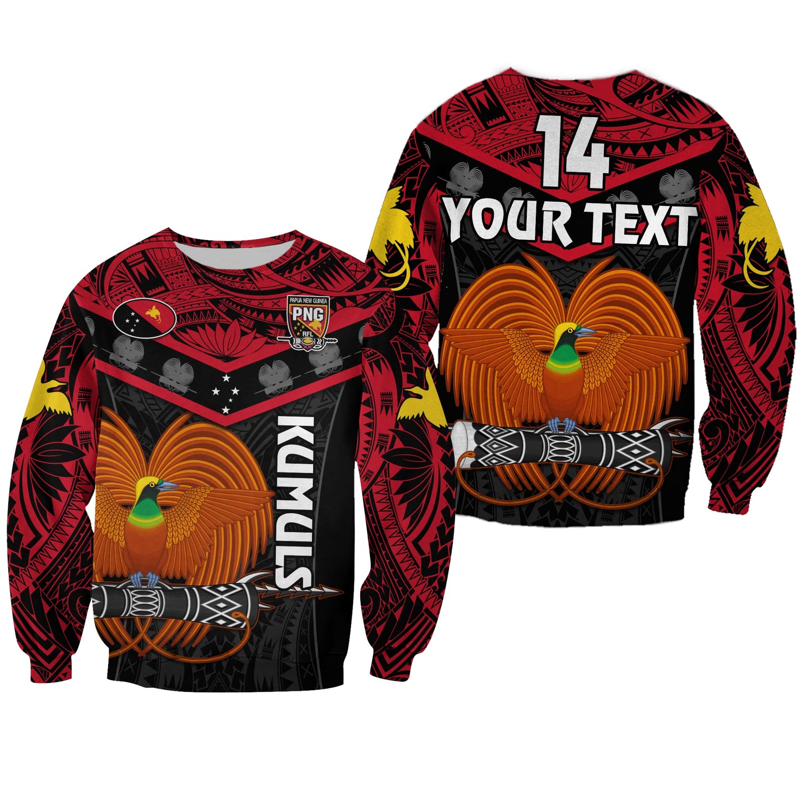 (Custom Text And Number) Papua New Guinea Rugby Sweatshirt PNG Kumuls Bird Of Paradise Black LT14 Unisex Black - Polynesian Pride