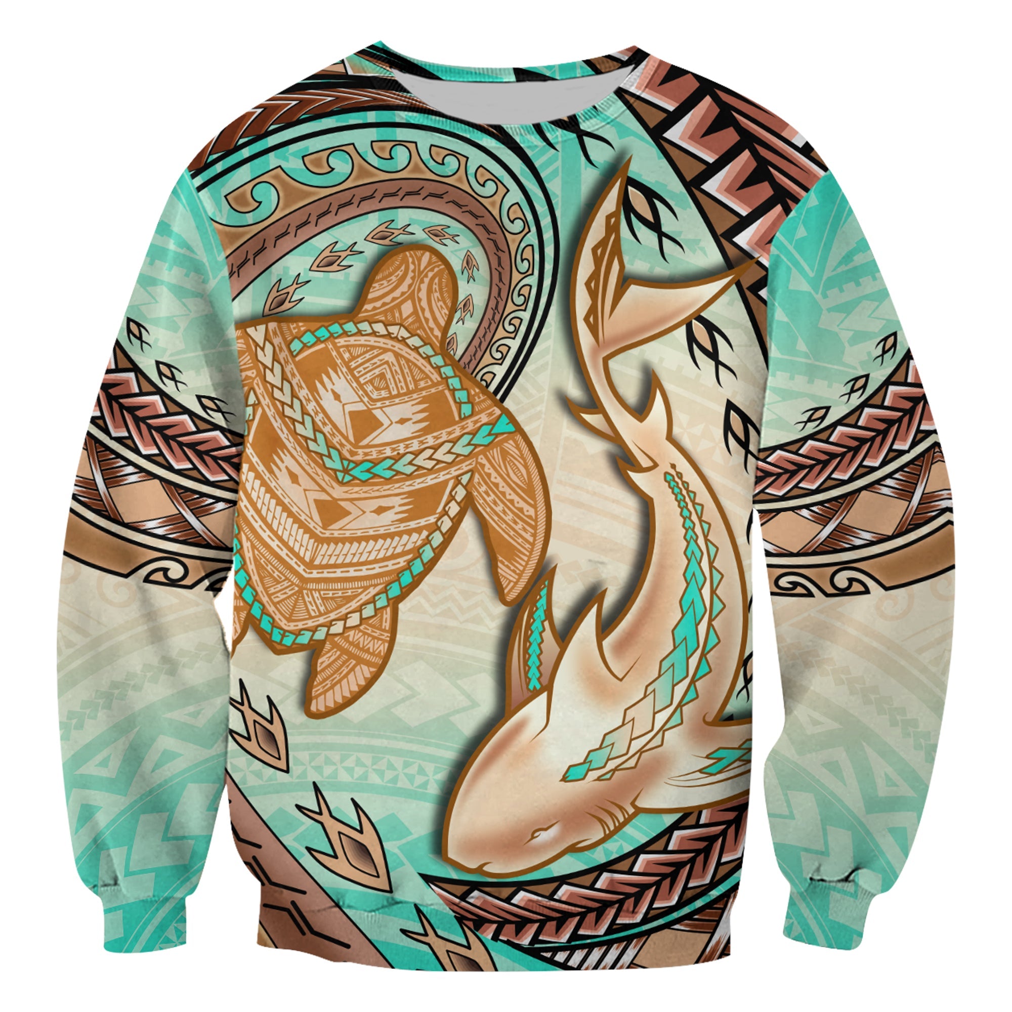 Hawaii Sweatshirt Polynesian Shark And Sea Turtle Dreamy Turquoise Artsy LT14 Unisex Turquoise - Polynesian Pride