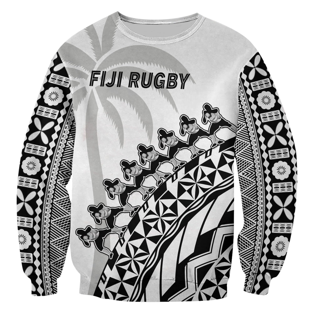 Fiji Rugby Sweatshirt Fijian Cibi Dance Tapa Pattern White LT14 - Polynesian Pride