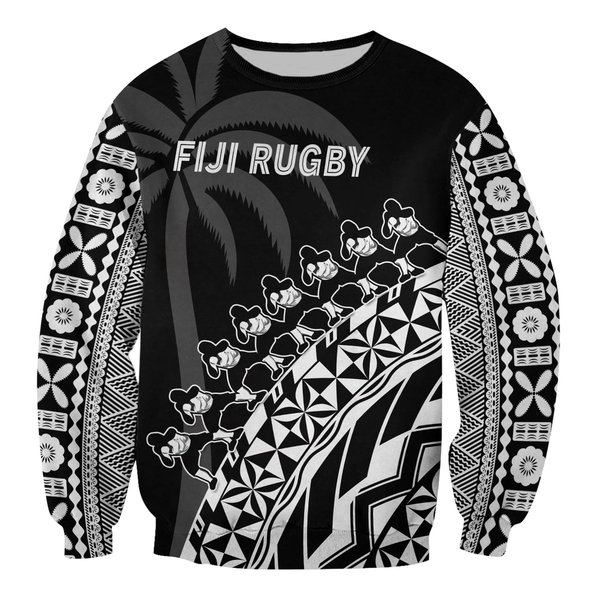 Fiji Rugby Sweatshirt Fijian Cibi Dance Tapa Pattern Black LT14 - Polynesian Pride