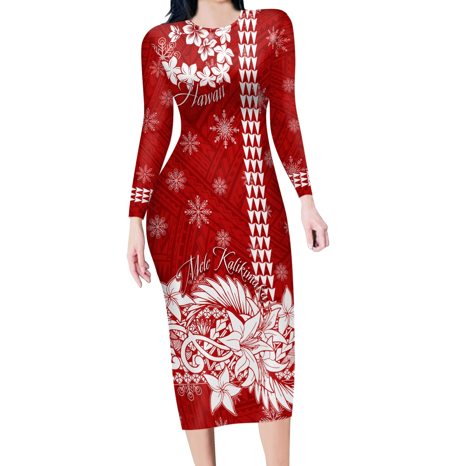 Hawaii Mele Kalikimaka Long Sleeves Body Dress Flower Style LT7 Polyester/spandex Red - Polynesian Pride