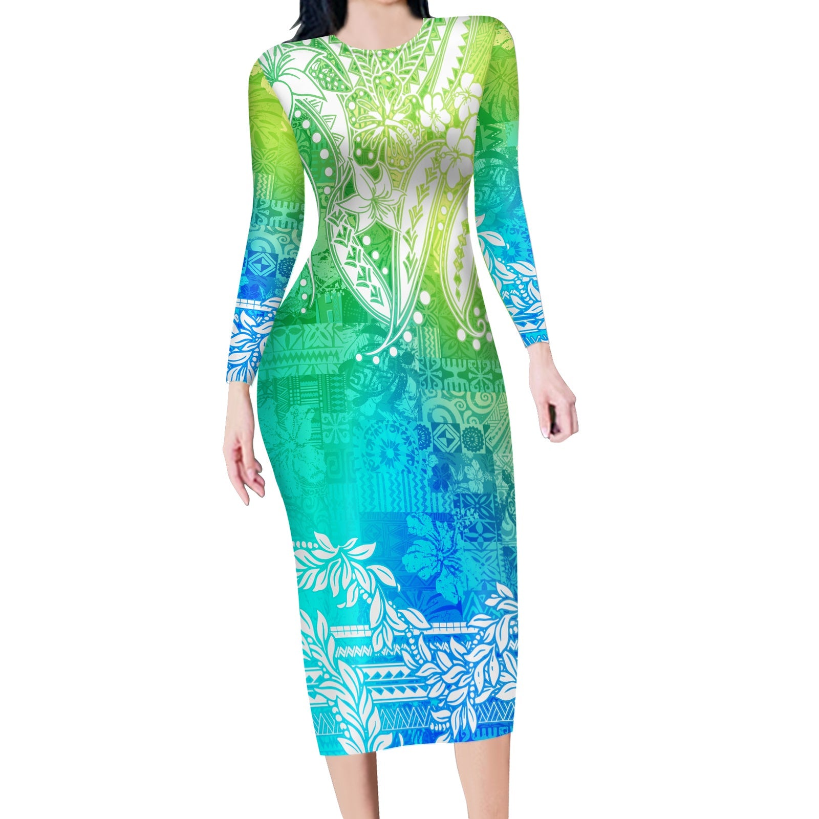 Polynesian Long Sleeves Bodycon Dress Tapa Plumeria Style - Oceanic LT7 Polyester spandex Art - Polynesian Pride