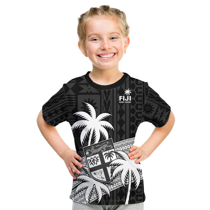 (Custom Text And Number) Fiji Rugby Sevens Kid T Shirt Tapa Palm Tree and Fijian Coat of Arms LT9 Youth XL Size14 - Polynesian Pride