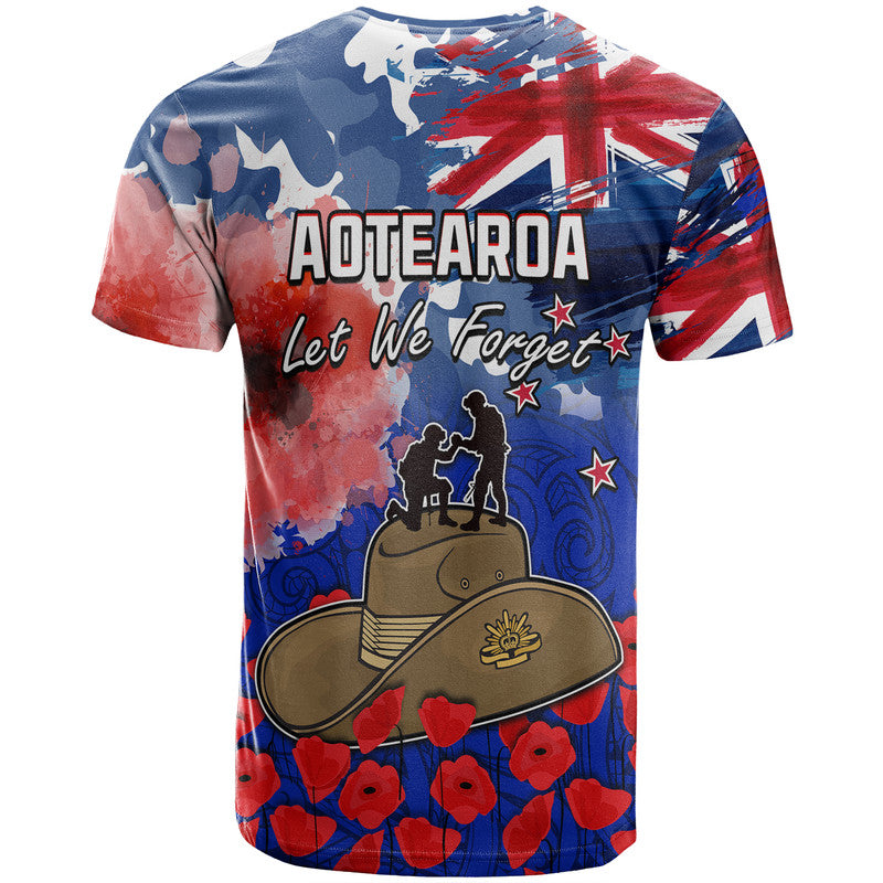 New Zealand ANZAC Day T Shirt Grunge Aotearoa Flag and Red Poppy LT9 - Polynesian Pride