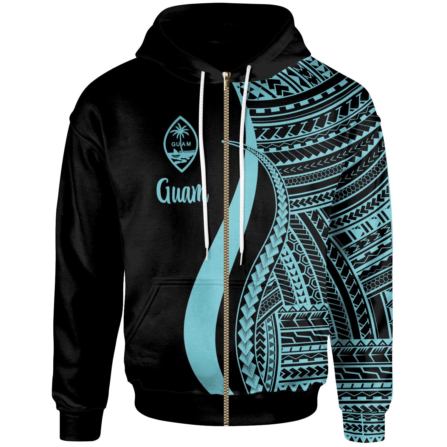 Guam Zip up Hoodie Turquoise Tentacle Tribal Pattern Unisex Turquoise - Polynesian Pride