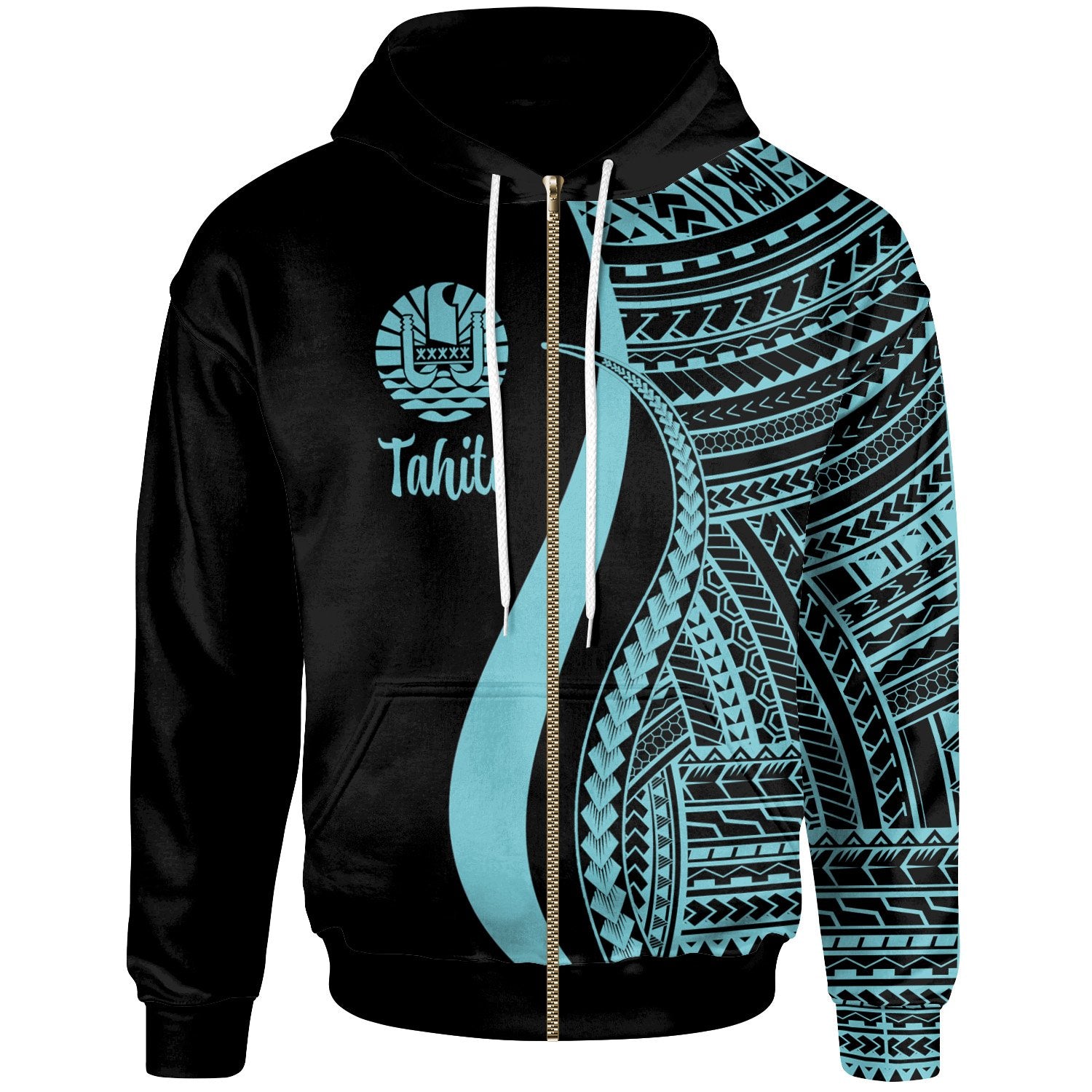 Tahiti Zip up Hoodie Turquoise Tentacle Tribal Pattern Unisex Turquoise - Polynesian Pride
