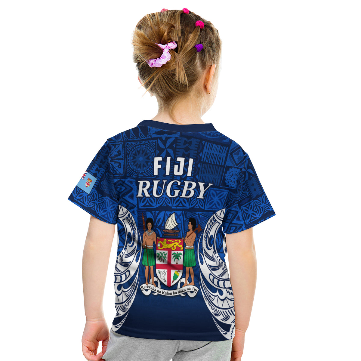 Fiji Rugby T Shirt Kid Flying Fijians Blue Tapa Pattern LT13 - Polynesian Pride