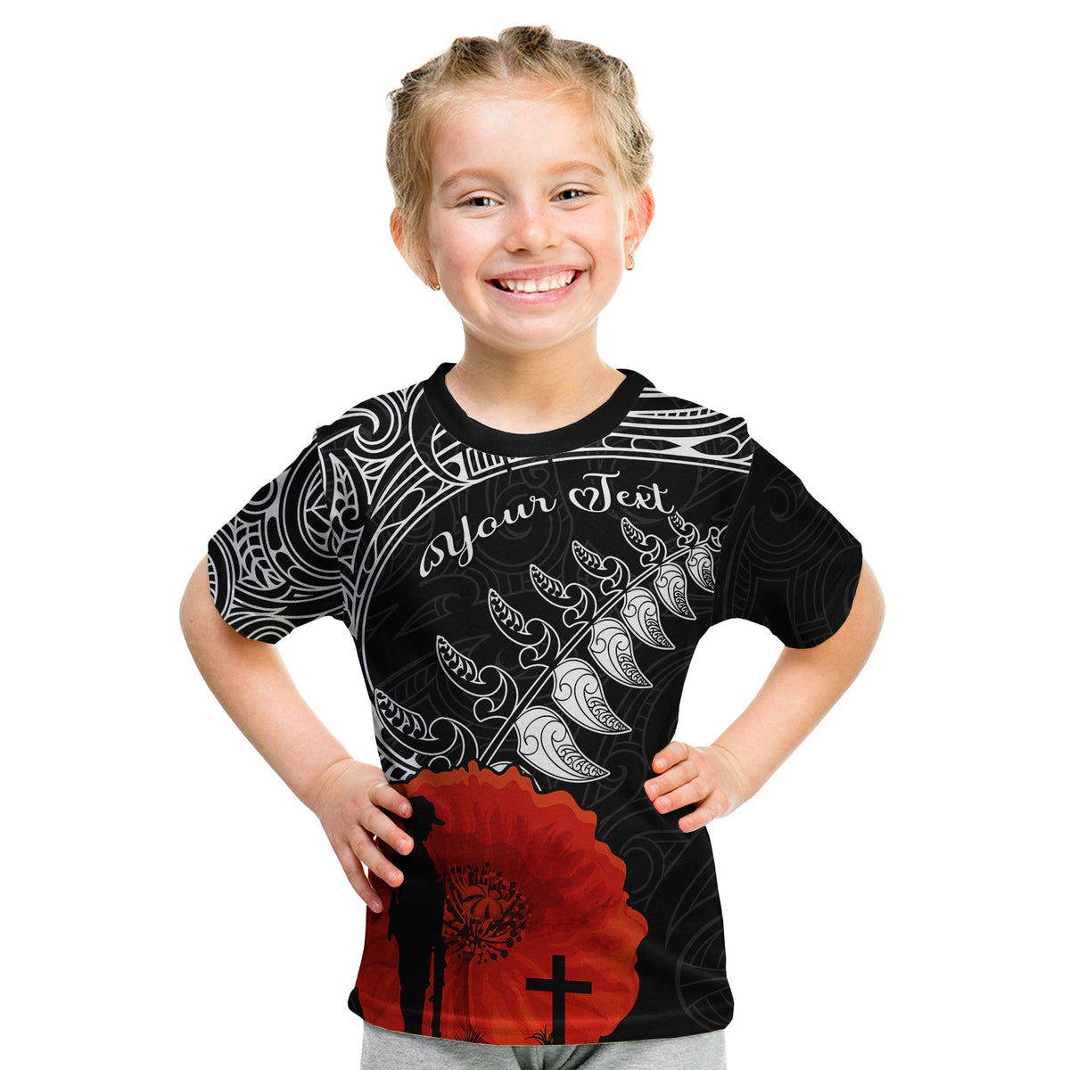 (Custom Personalised) New Zealand Anzac 2022 T Shirt KID Maori Mix Fern Poppy LT13 Youth XL Size14 - Polynesian Pride